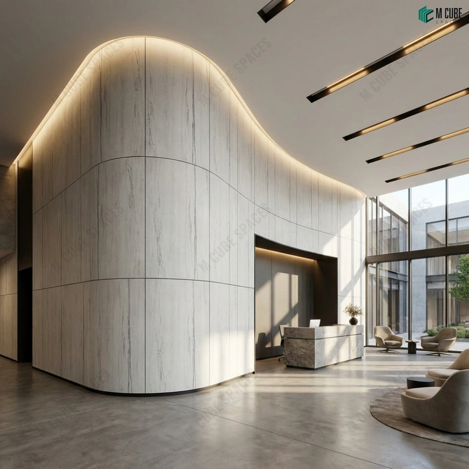 Boutique Office Wall with Panda White Marble Stone Veneer - Commercial inspiration