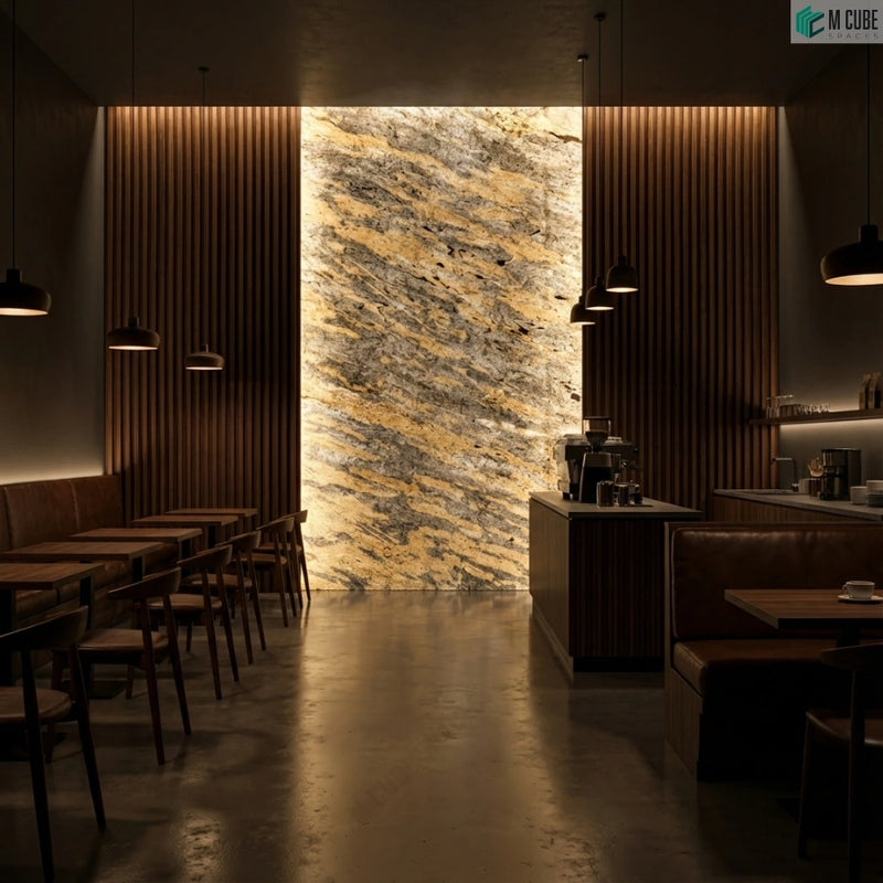 Statement Café Feature Wall using Portoro Marble Stone Veneer