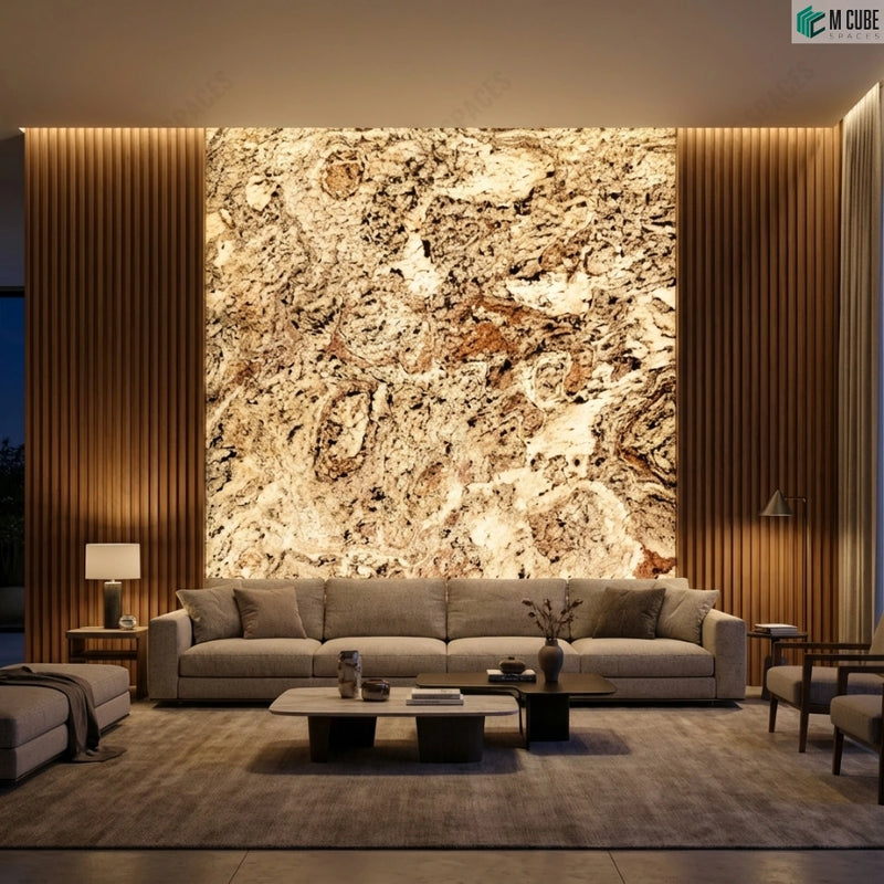 Living Room Feature Wall with Purple Grey Marble Stone Veneer