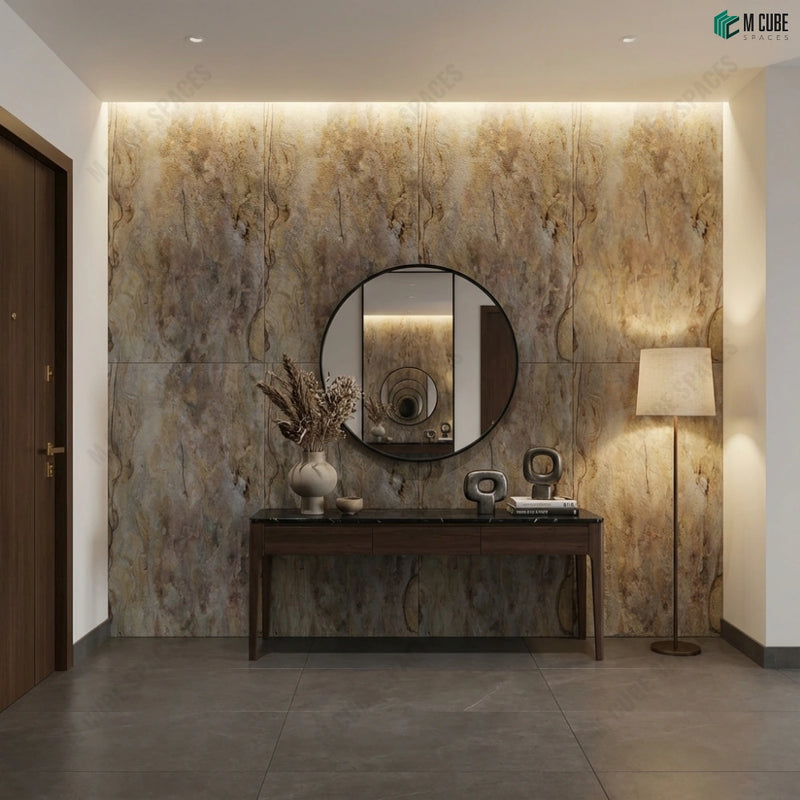 Statement Entry Console Wall with Portoro-Style Rainbow Rock Stone Veneer