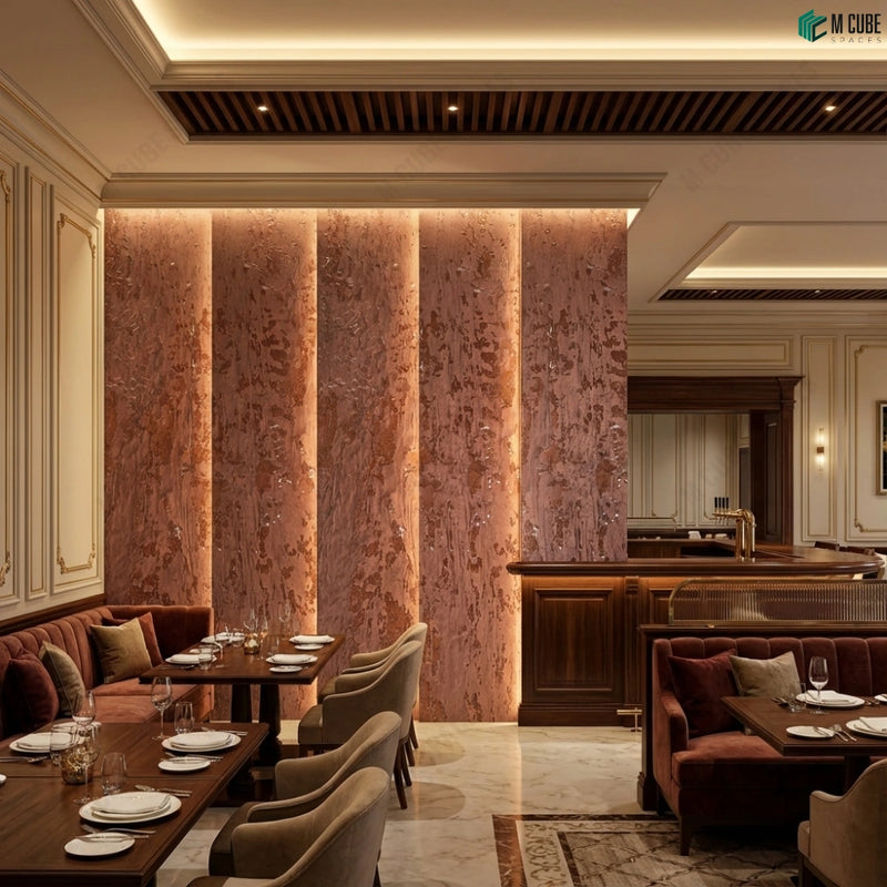 Luxury Dining Feature Wall with Red Magnet Stone Veneer Panel