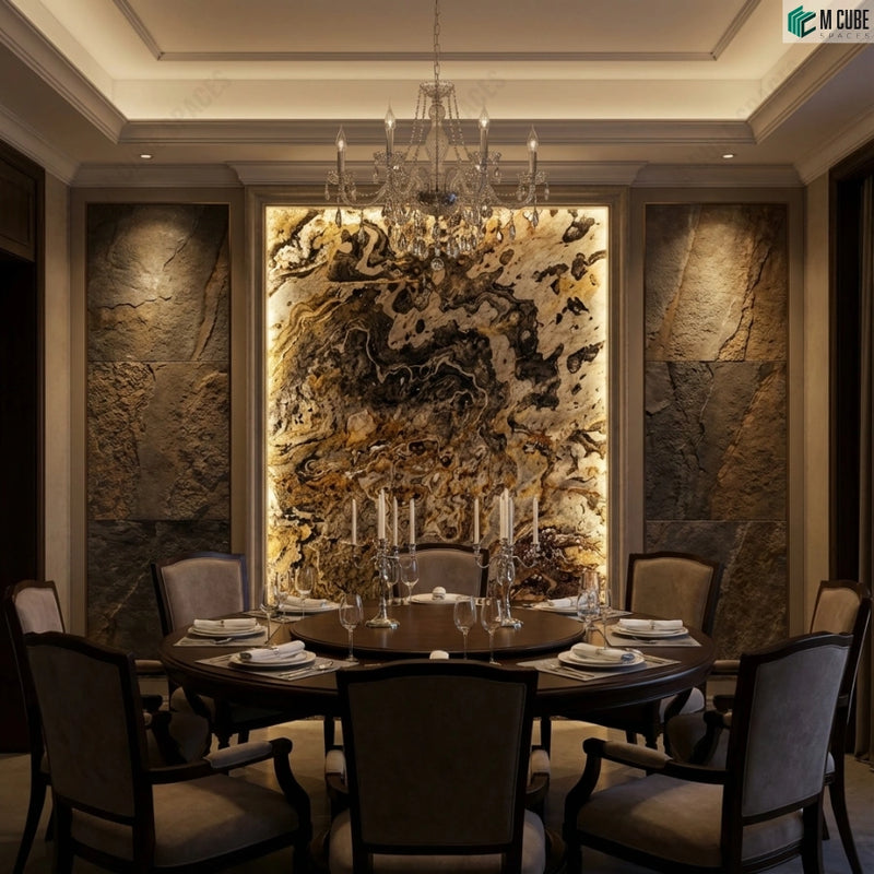Formal Dining Room Wall finished in Rimjim Rock Stone Veneer
