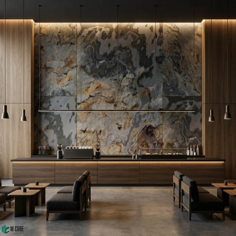 Premium commercial café counter wall finished in Rimjim Rock Stone Veneer
