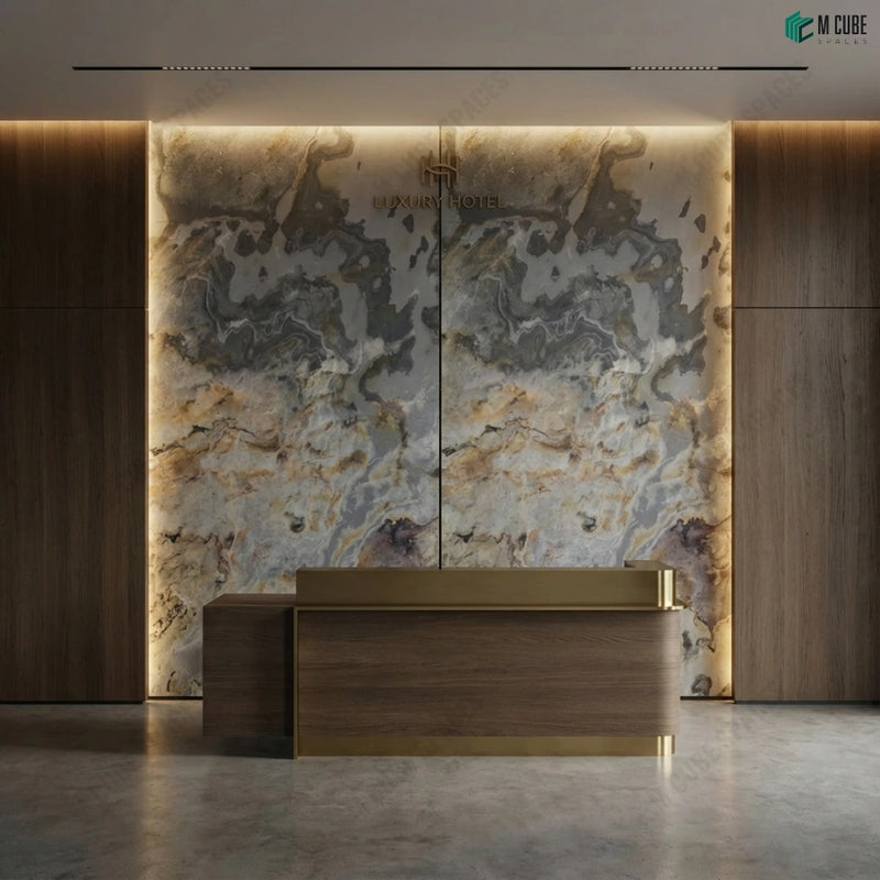 Luxury hotel reception desk backdrop using Rimjim Rock Stone Veneer
