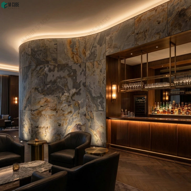 Premium lounge bar feature wall finished in Rimjim Rock Stone Veneer
