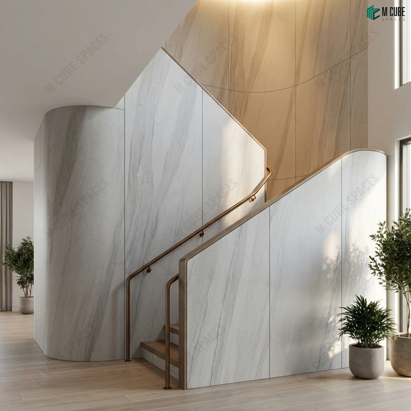 Staircase Accent Wall with River White Marble Stone Veneer