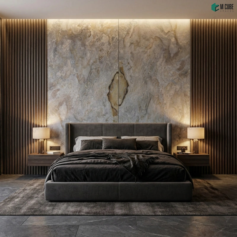 Executive Bedroom Feature Wall with Roma White Marble Stone Veneer