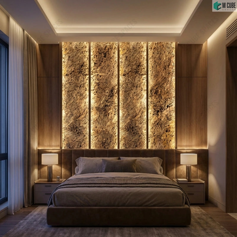Elegant bedroom with backlit Roma White Marble Stone Veneer