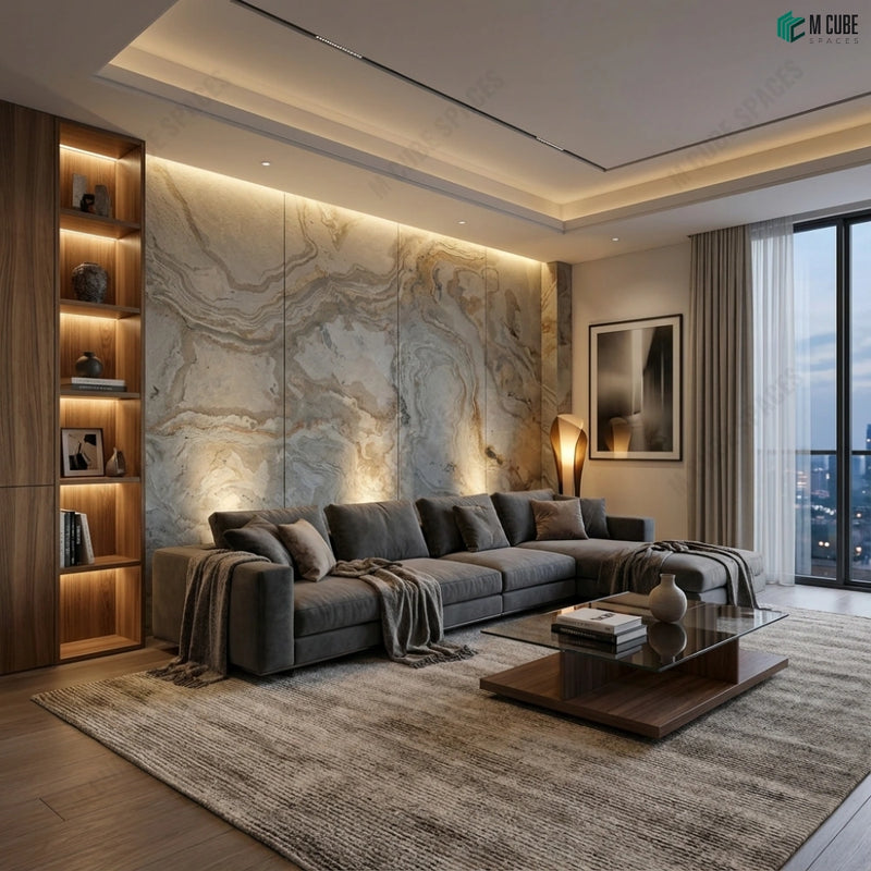 Contemporary Living Room Statement Wall Using Rubino Beige Marble Stone Veneer