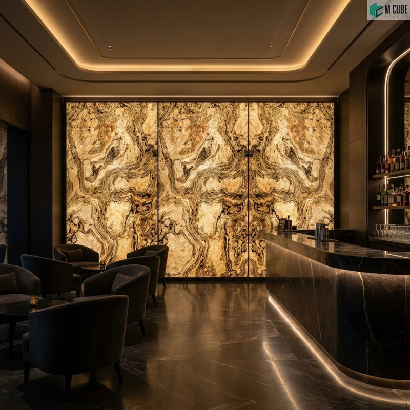 Luxury Bar Feature Wall finished in Rubino Beige Marble Stone Veneer