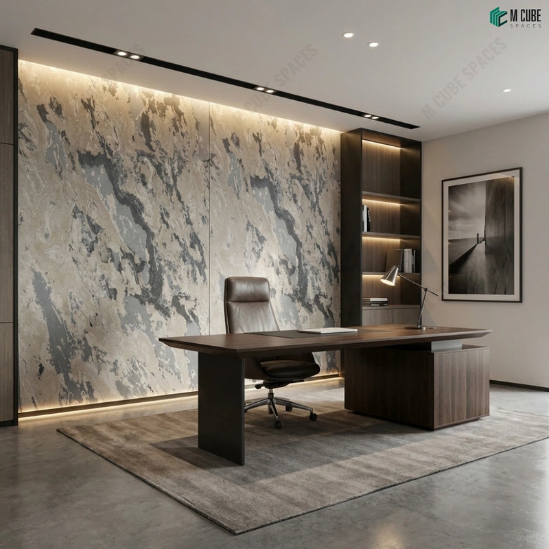 Executive Office Feature Wall with Rustic Rock Stone Veneer