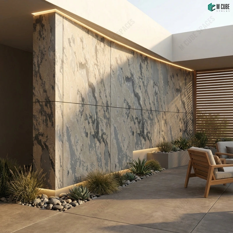 Open Residential Courtyard Feature Wall with Rustic Rock Stone Veneer