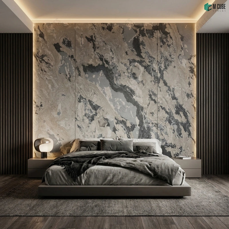 Luxury Bedroom Feature Wall with Rustic Rock Stone Veneer