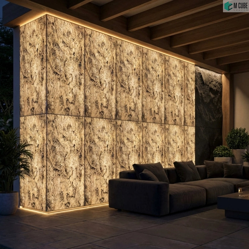 Contemporary Outdoor Lounge finished with illuminated S Black Rock 2 and integrated seating