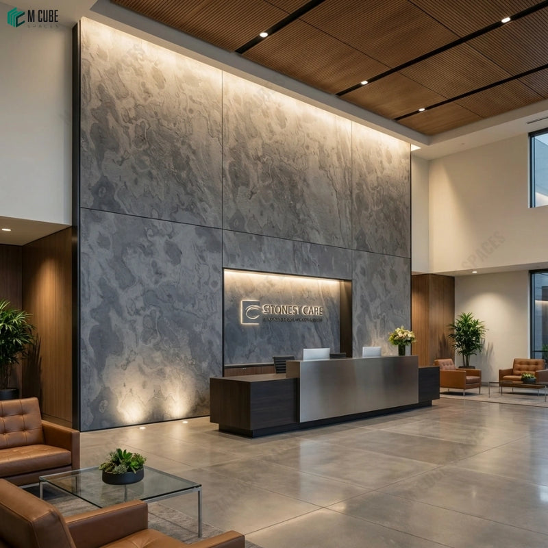 Premium Commercial Reception Lobby Feature Wall in S Black Rock 2 Stone Veneer