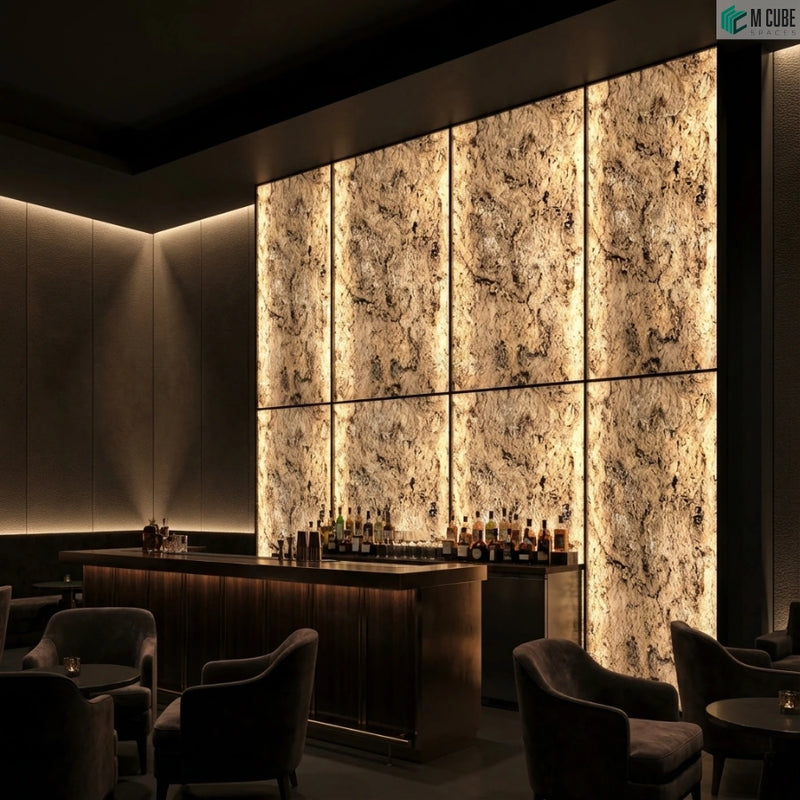 Premium bar lounge with backlit S Black Rock and dark, intimate interiors