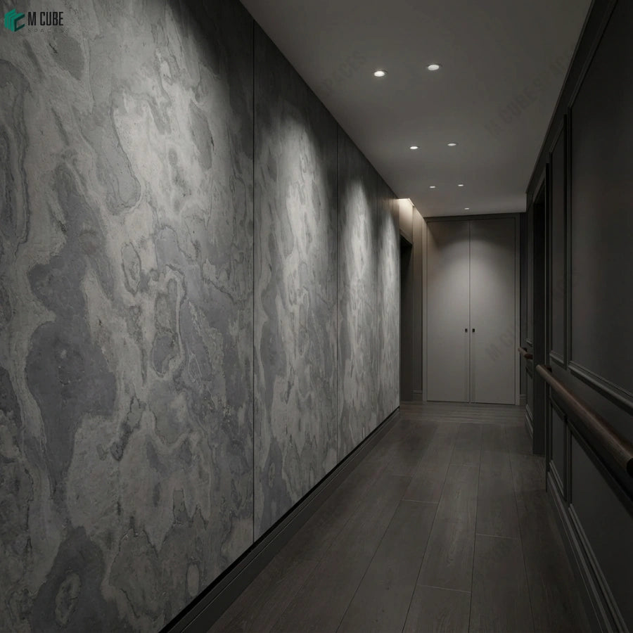 Contemporary corridor feature wall in s black rock 2 stone veneer - Commercial interior inspiration