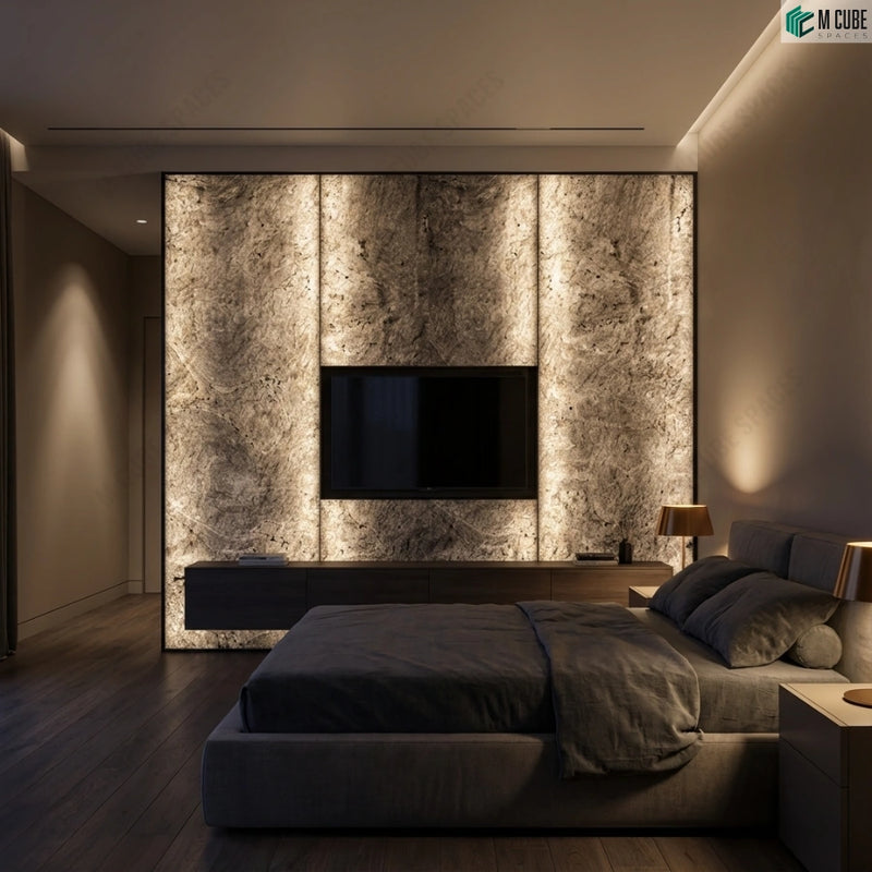 Luxury Bedroom TV Feature Wall finished in S Black Rock Stone Veneer