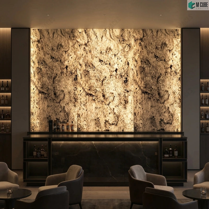 High-end hospitality bar with full-height illuminated backdrop in S Black Rock Stone Veneer