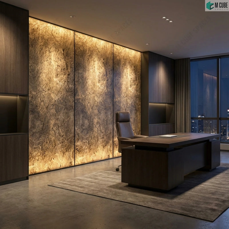 Executive office cabin with illuminated S Black Rock Stone Veneer
