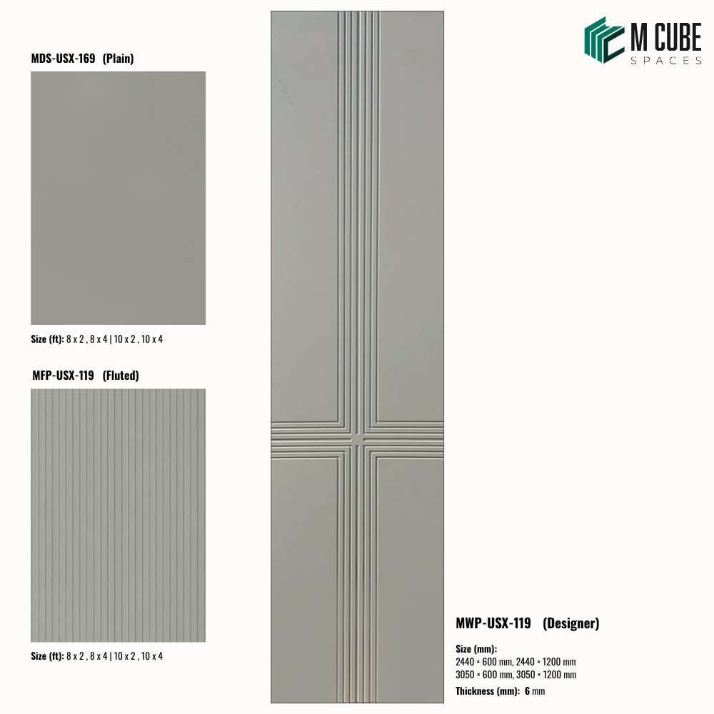Sandora decorative, plain and fluted HDHMR wall panels MWP-USX-119, 6 mm panels for living room feature walls, TV walls and bedroom interiors | M Cube Spaces, Bangalore, India