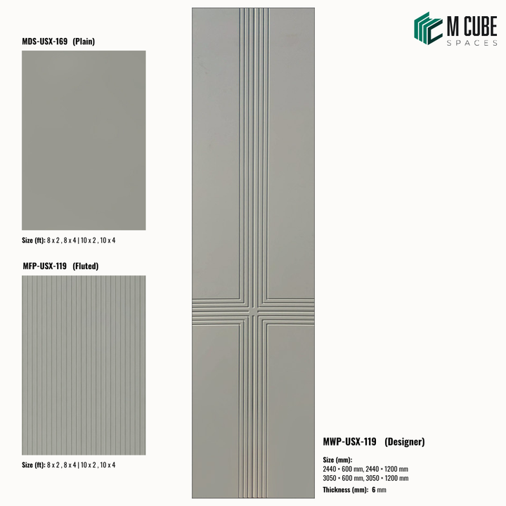 Sandora decorative, plain and fluted HDHMR wall panels MWP-USX-119, 6 mm panels for living room feature walls, TV walls and bedroom interiors | M Cube Spaces, Bangalore, India
