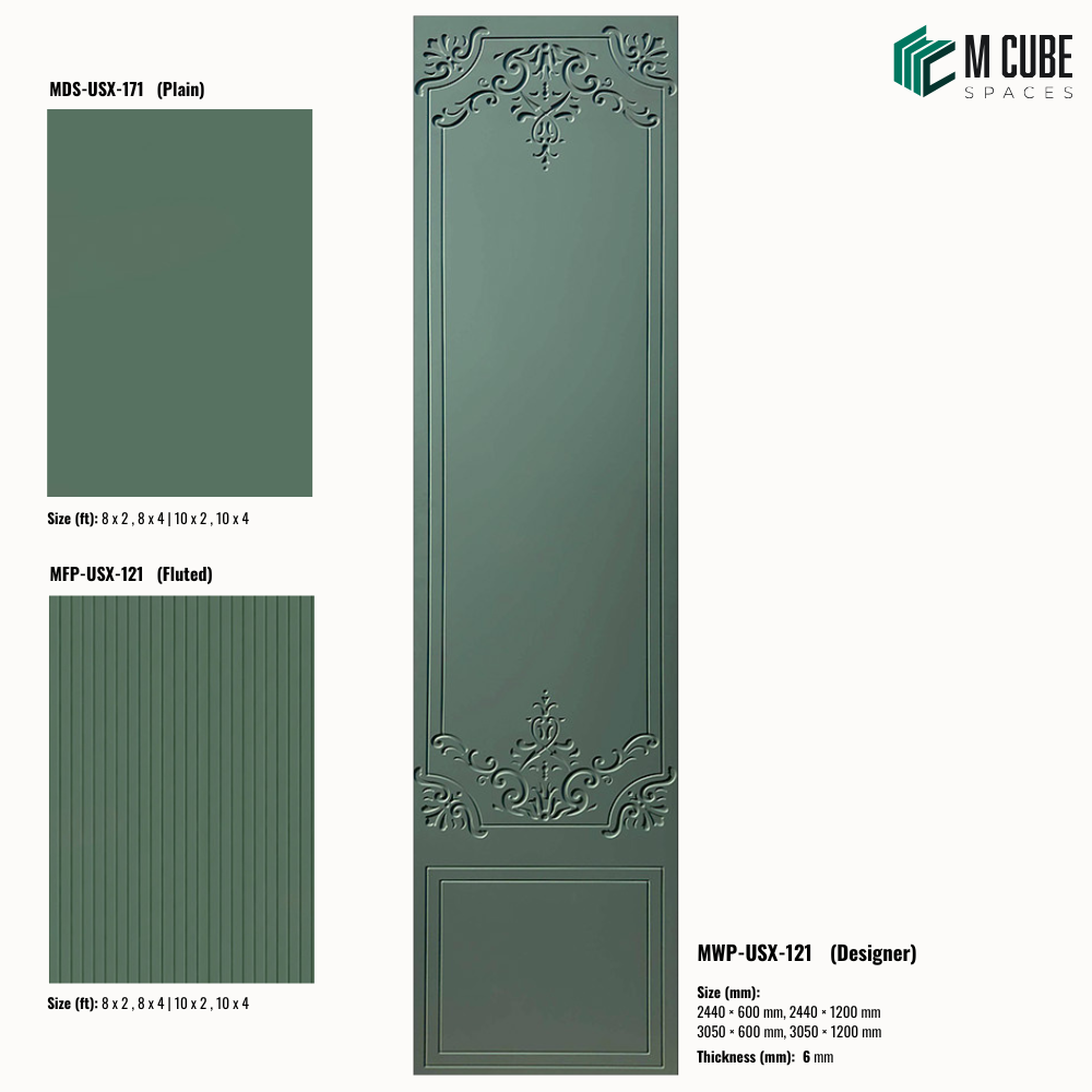 Sandora decorative, plain and fluted HDHMR wall panels MWP-USX-121, 6 mm panels for living room feature walls, TV walls and bedroom interiors | M Cube Spaces, Bangalore, India