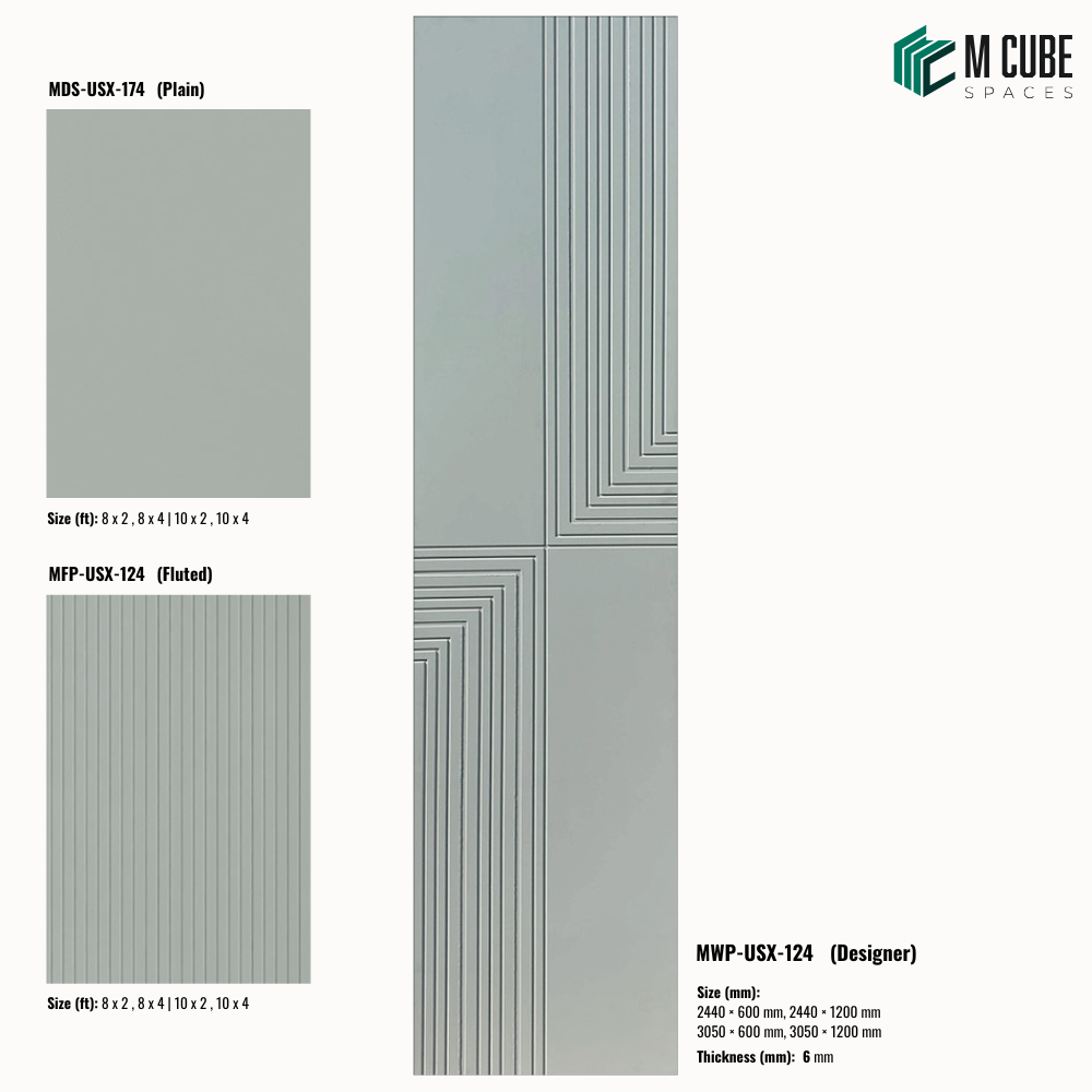 Sandora decorative, plain and fluted 6 mm HDHMR wall panels MWP-USX-124 for living room feature walls, TV wall cladding and bedroom interiors | M Cube Spaces, Bangalore, India