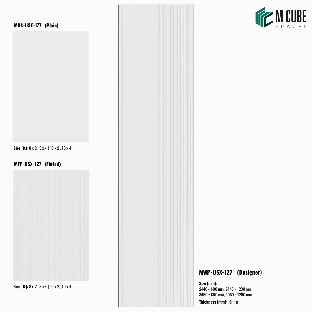 Sandora decorative, plain and fluted 6 mm HDHMR wall panels MWP-USX-127 for living room feature walls, TV wall cladding and bedroom interiors | M Cube Spaces, Bangalore, India