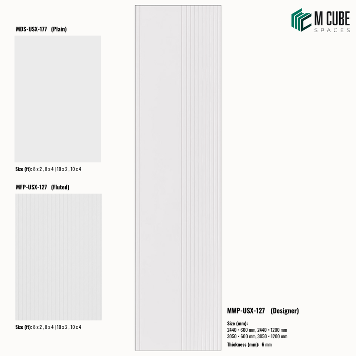 Sandora decorative, plain and fluted 6 mm HDHMR wall panels MWP-USX-127 for living room feature walls, TV wall cladding and bedroom interiors | M Cube Spaces, Bangalore, India