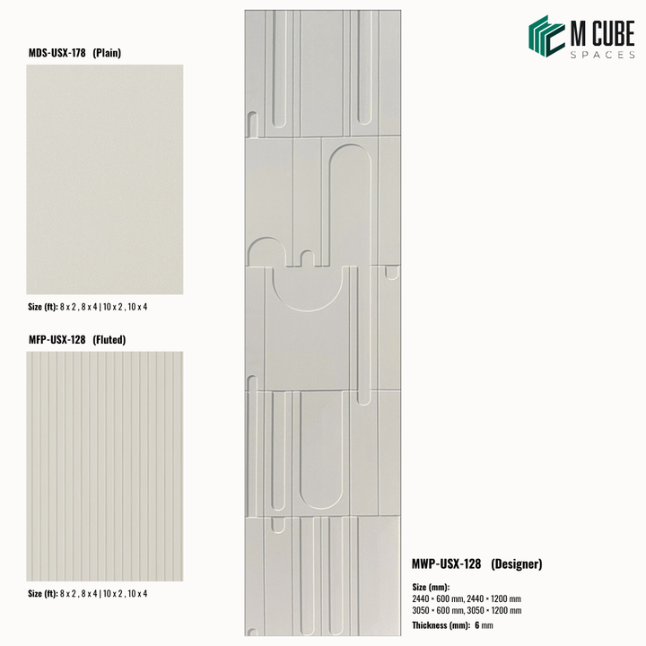 Sandora decorative, plain and fluted 6 mm HDHMR wall panels MWP-USX-128 for living room feature walls, TV wall cladding and bedroom interiors | M Cube Spaces, Bangalore, India