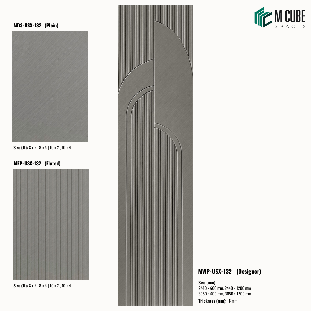 Sandora decorative, plain and fluted 6 mm HDHMR wall panels MWP-USX-132 for living room feature walls, TV wall cladding and bedroom interiors | M Cube Spaces, Bangalore, India