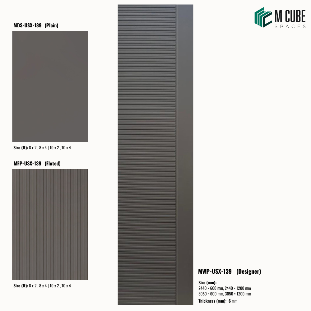 Sandora decorative, plain and fluted 6 mm HDHMR wall panels MWP-USX-139 for living room feature walls, TV wall cladding and bedroom interiors | M Cube Spaces, Bangalore, India