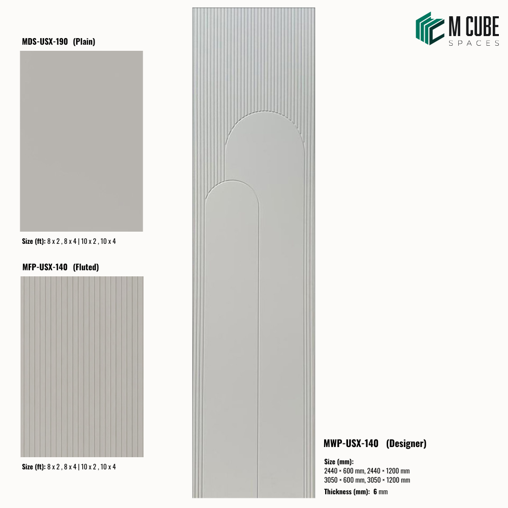 Sandora decorative, plain and fluted 6 mm HDHMR wall panels MWP-USX-140 for living room feature walls, TV wall cladding and bedroom interiors | M Cube Spaces, Bangalore, India