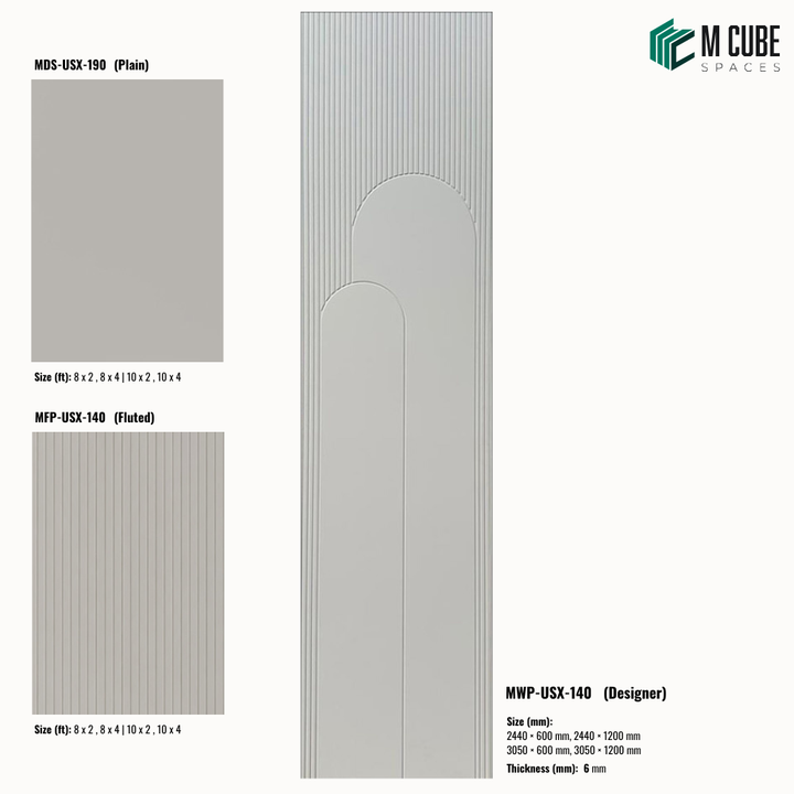 Sandora decorative, plain and fluted 6 mm HDHMR wall panels MWP-USX-140 for living room feature walls, TV wall cladding and bedroom interiors | M Cube Spaces, Bangalore, India