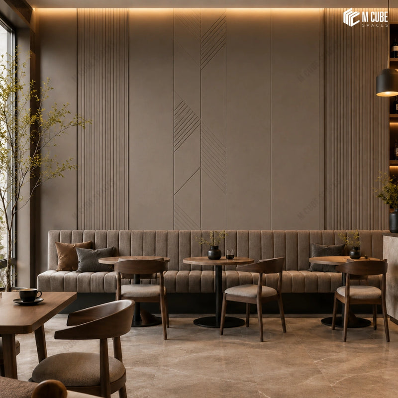 Angular Line Designer & Fluted Wall Panels in a Warm Contemporary Café Interior