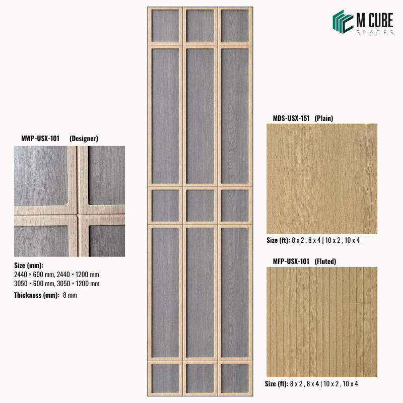 Sephora designer, plain and fluted 8 mm HDHMR wall panel combination MWP-USX-101 for living room feature walls, TV units and bedroom interior wall cladding | M Cube Spaces, Bangalore, India