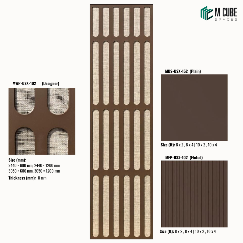 Sephora designer, plain and fluted 8 mm HDHMR wall panel combination MWP-USX-102 for living room feature walls, TV units and bedroom interior wall cladding | M Cube Spaces, Bangalore, India
