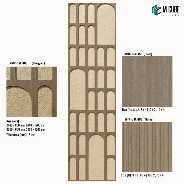 Sephora designer, plain and fluted 8 mm HDHMR wall panel combination MWP-USX-103 for living room feature walls, TV units and bedroom interior wall cladding | M Cube Spaces, Bangalore, India