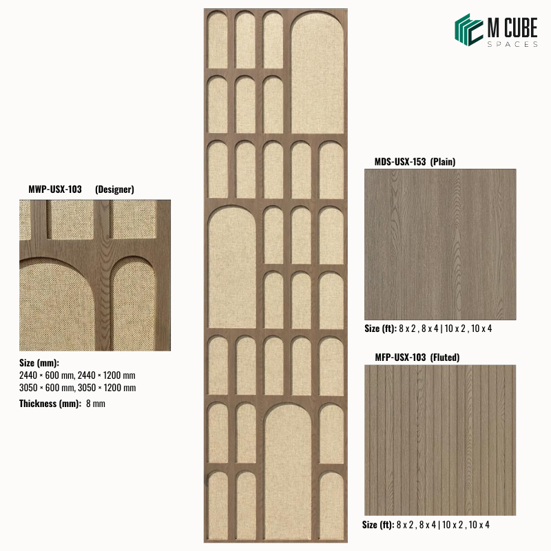 Sephora designer, plain and fluted 8 mm HDHMR wall panel combination MWP-USX-103 for living room feature walls, TV units and bedroom interior wall cladding | M Cube Spaces, Bangalore, India