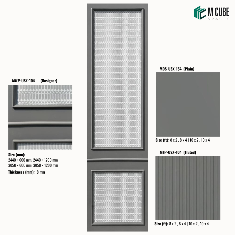 Sephora designer, plain and fluted 8 mm HDHMR wall panel combination MWP-USX-104 for living room feature walls, TV units and bedroom interior wall cladding | M Cube Spaces, Bangalore, India