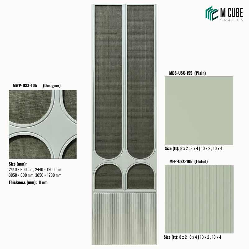 Sephora designer, plain and fluted 8 mm HDHMR wall panel combination MWP-USX-105 for living room feature walls, TV units and bedroom interior wall cladding | M Cube Spaces, Bangalore, India