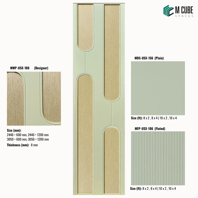 Sephora designer, plain and fluted 8 mm HDHMR wall panel combination MWP-USX-106 for living room feature walls, TV units and bedroom interior wall cladding | M Cube Spaces, Bangalore, India
