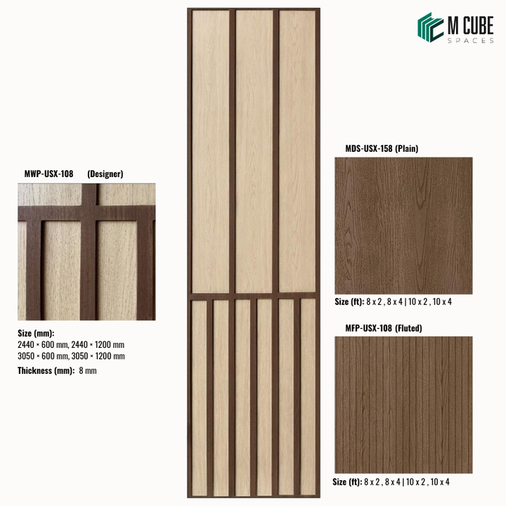 Sephora designer, plain and fluted 8 mm HDHMR wall panel combination MWP-USX-108 for living room feature walls, TV units and bedroom interior wall cladding | M Cube Spaces, Bangalore, India