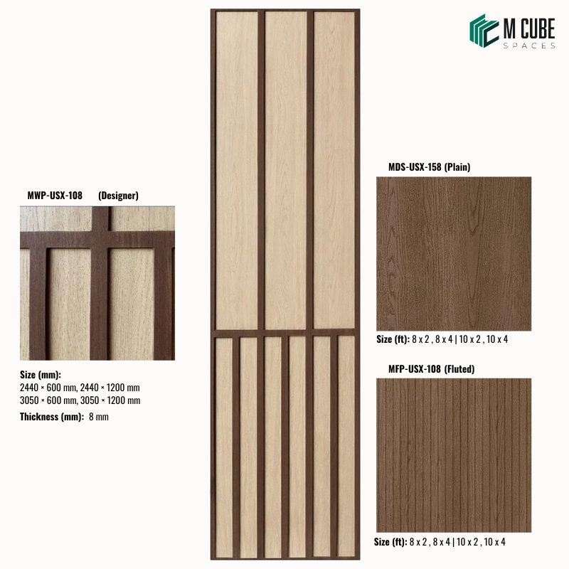 Sephora designer, plain and fluted 8 mm HDHMR wall panel combination MWP-USX-108 for living room feature walls, TV units and bedroom interior wall cladding | M Cube Spaces, Bangalore, India