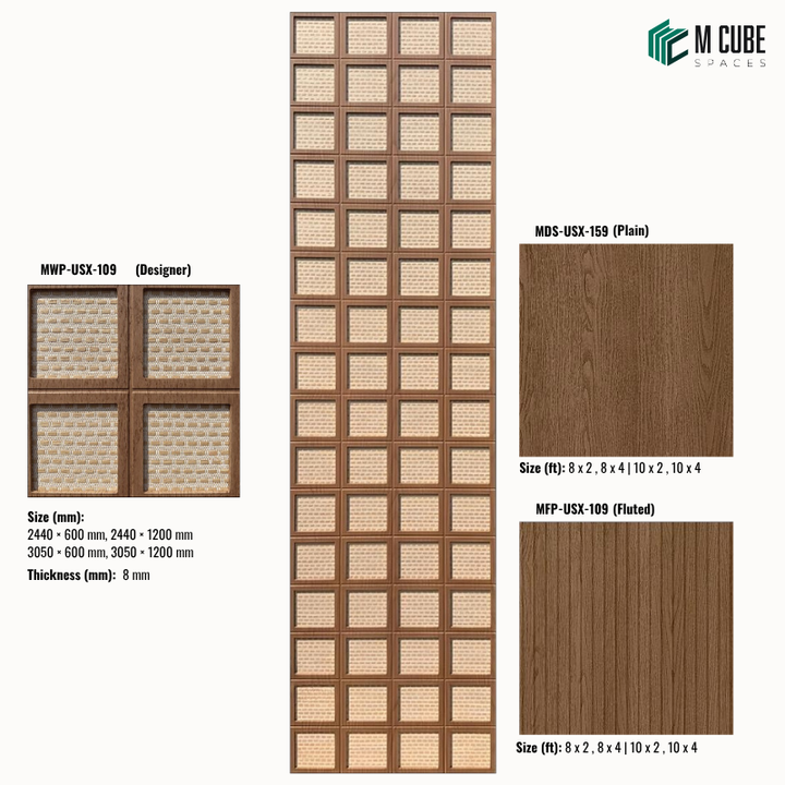 Sephora designer, plain and fluted 8 mm HDHMR wall panel combination MWP-USX-109 for living room feature walls, TV units and bedroom interior wall cladding | M Cube Spaces, Bangalore, India