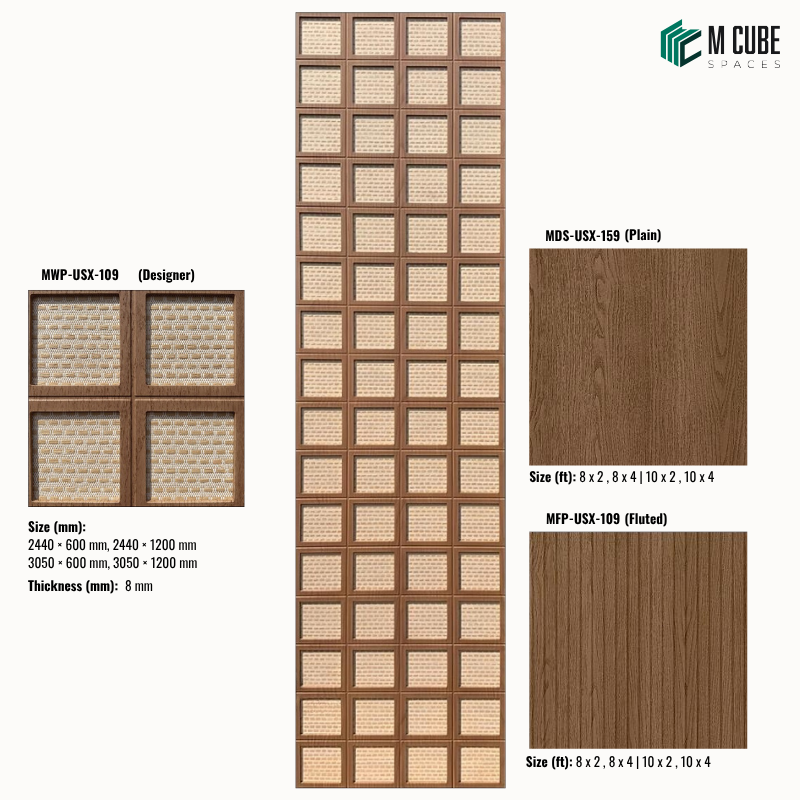 Sephora designer, plain and fluted 8 mm HDHMR wall panel combination MWP-USX-109 for living room feature walls, TV units and bedroom interior wall cladding | M Cube Spaces, Bangalore, India