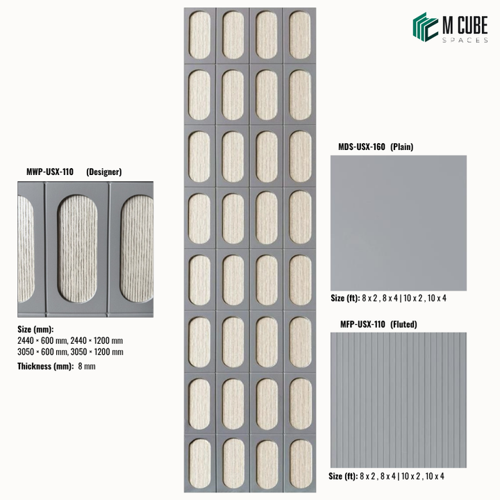 Sephora designer, plain and fluted 8 mm HDHMR wall panel combination MWP-USX-110 for living room feature walls, TV units and bedroom interior wall cladding | M Cube Spaces, Bangalore, India