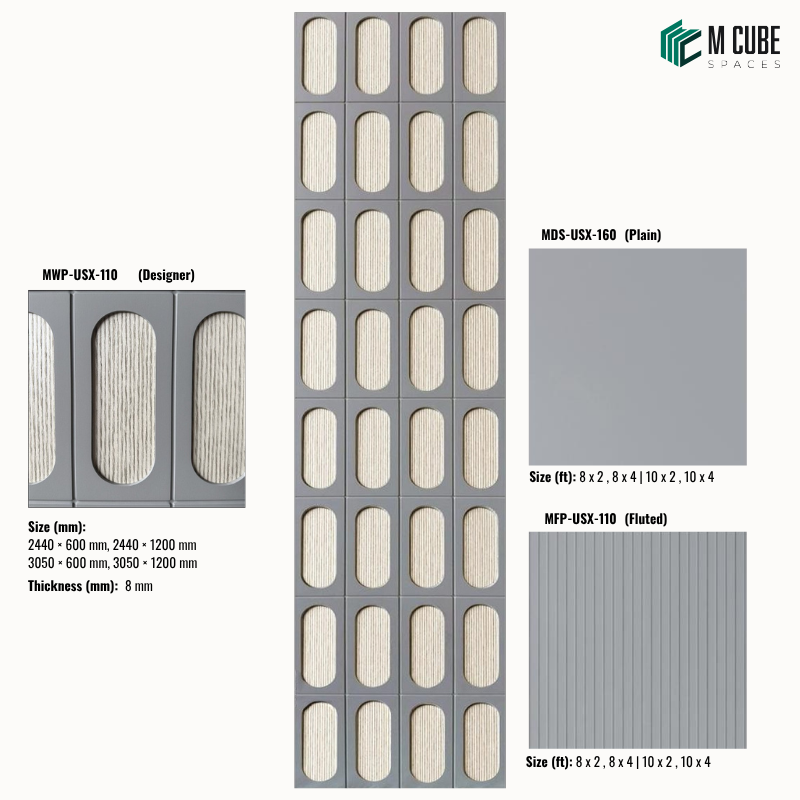 Sephora designer, plain and fluted 8 mm HDHMR wall panel combination MWP-USX-110 for living room feature walls, TV units and bedroom interior wall cladding | M Cube Spaces, Bangalore, India