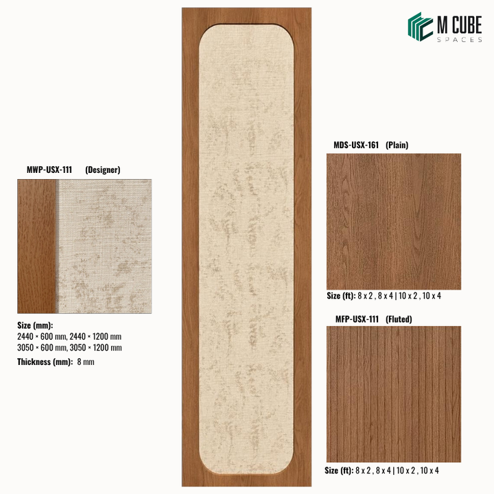 Sephora designer, plain and fluted 8 mm HDHMR wall panel combination MWP-USX-111 for living room feature walls, TV units and bedroom interior wall cladding | M Cube Spaces, Bangalore, India